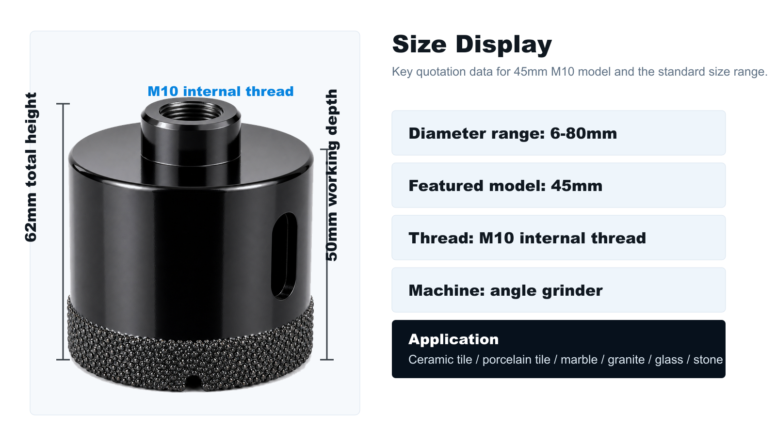 BK-9076 45mm size reference and M10 thread display